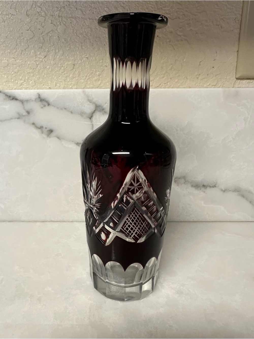 Vintage Bohemian Ruby Red cut -to-Clear Crystal Decanter,